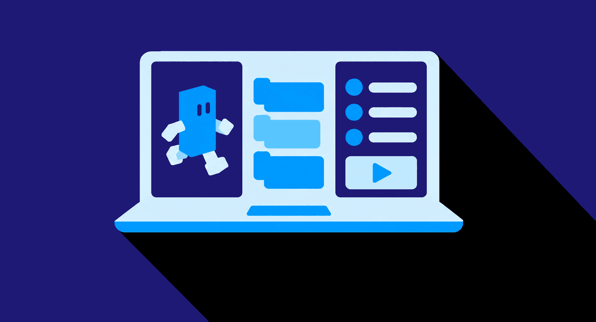 Illustration of a laptop showing a friendly robot character, code blocks, and a play button