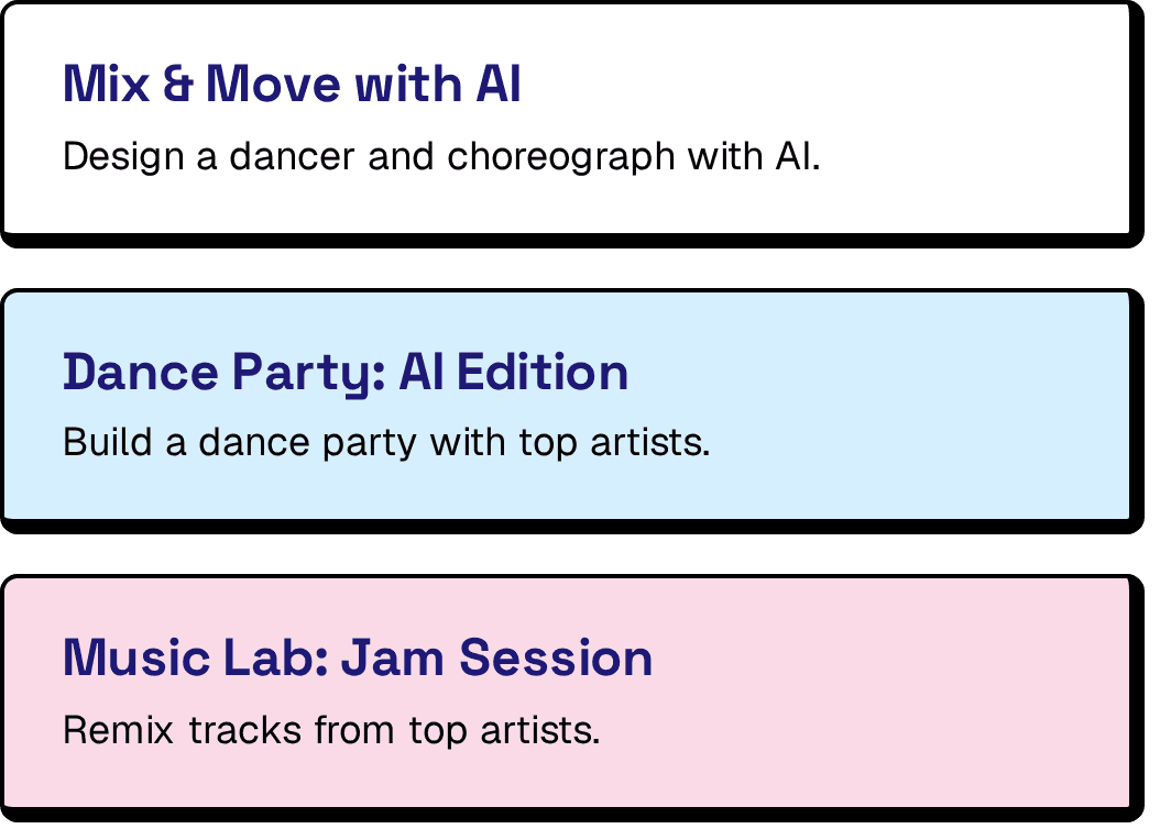 Three Hour of AI activities: Mix & Move with AI, Dance Party: AI Edition, Music Lab: Jam Session